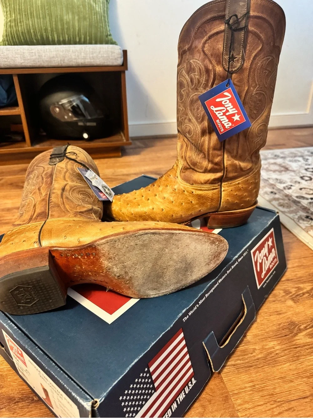 Tony Lama Full Quill Ostrich Cowboy Boots- Antique Tan Mens 13